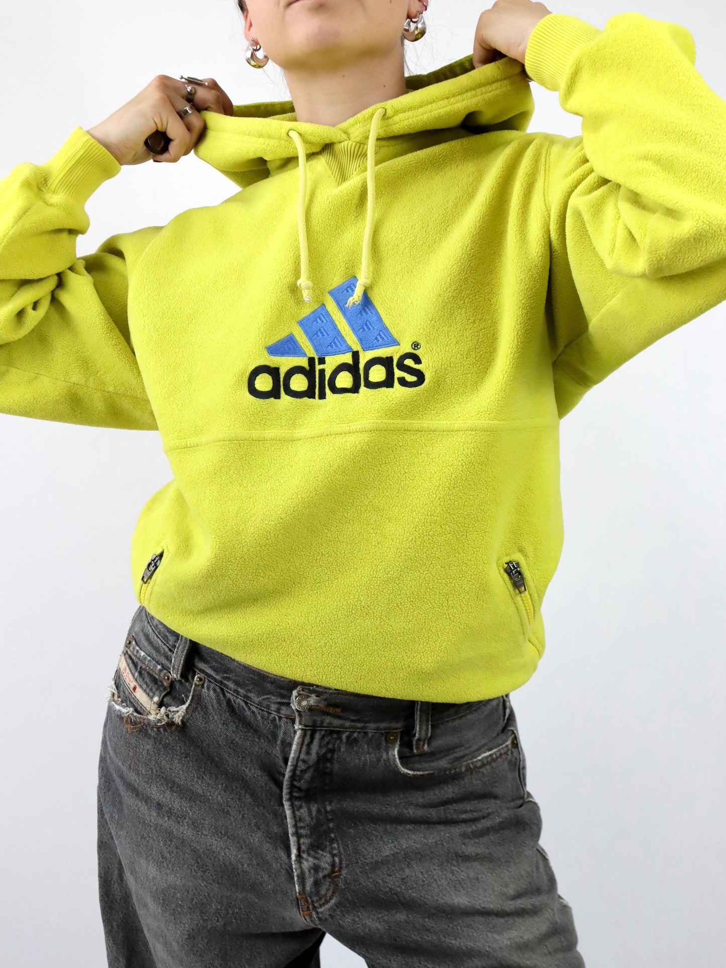 Vintage 80er 90er ADIDAS Fleecepullover Hoodie Fleece gelb Kapuze M