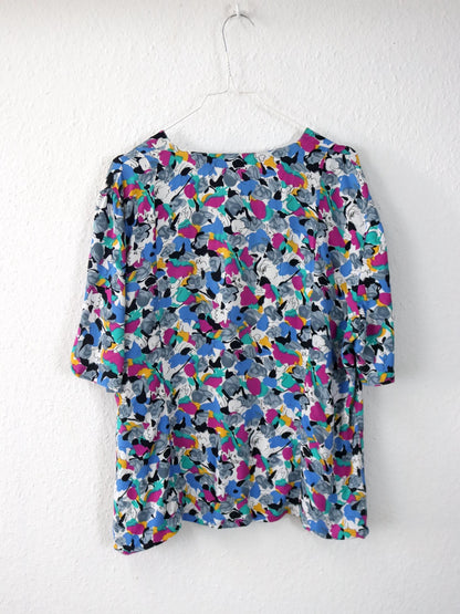Vintage 80er 90er Bluse kurzarm crazy pattern bunt Viskose 54 XL