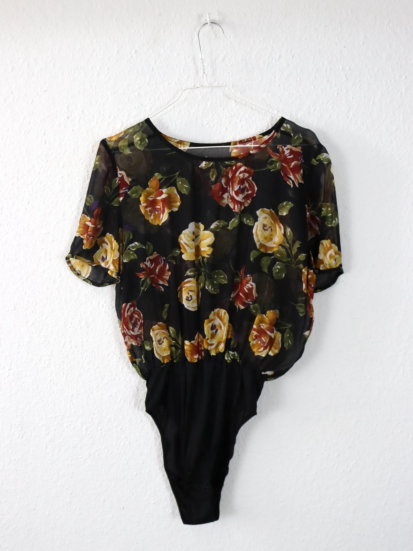 Vintage 80er 90er PERLA Body Bluse kurzarm Blumen leicht transparent Seide  40