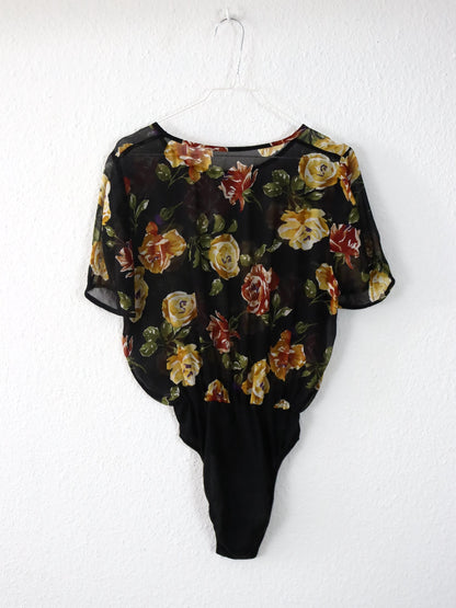 Vintage 80er 90er PERLA Body Bluse kurzarm Blumen leicht transparent Seide  40