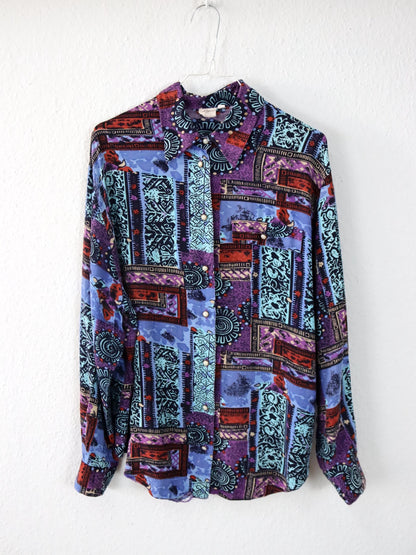 Vintage 80er 90er CV Bluse langarm crazy pattern Lila blau Viskose 42
