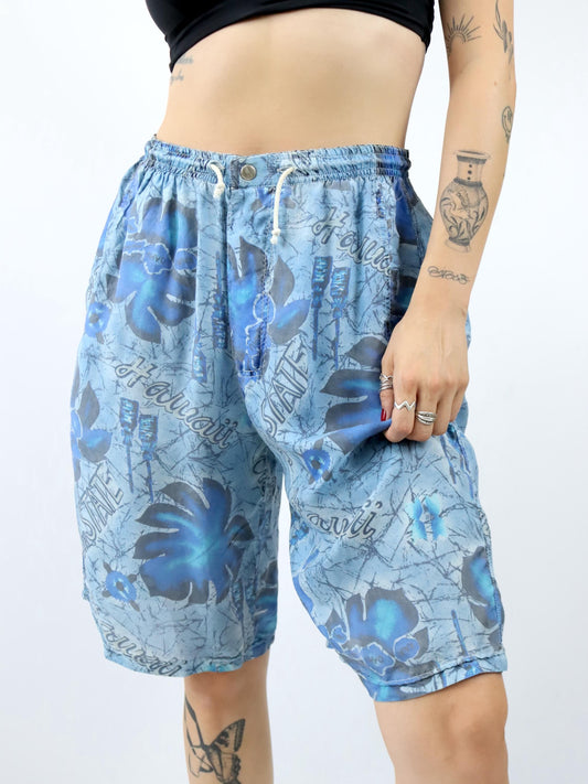 Vintage 80er 90er TAVERNITI Seidenshorts kurze Hose crazy pattern blau 40