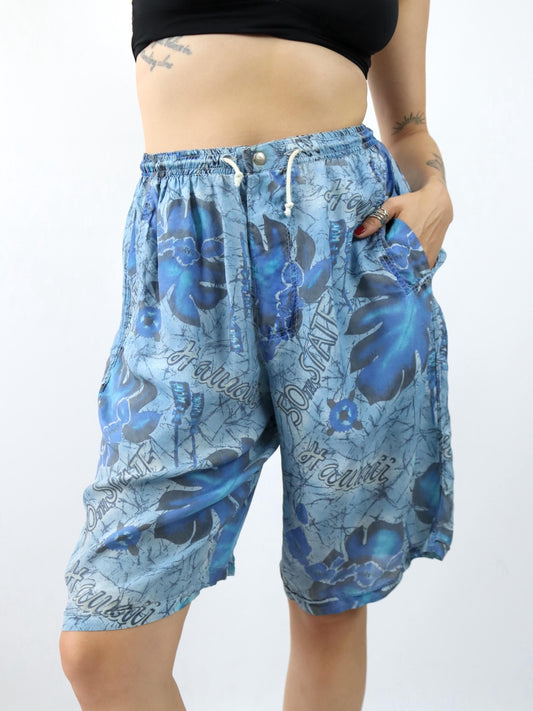 Vintage 80er 90er TAVERNITI Seidenshorts kurze Hose crazy pattern blau 40