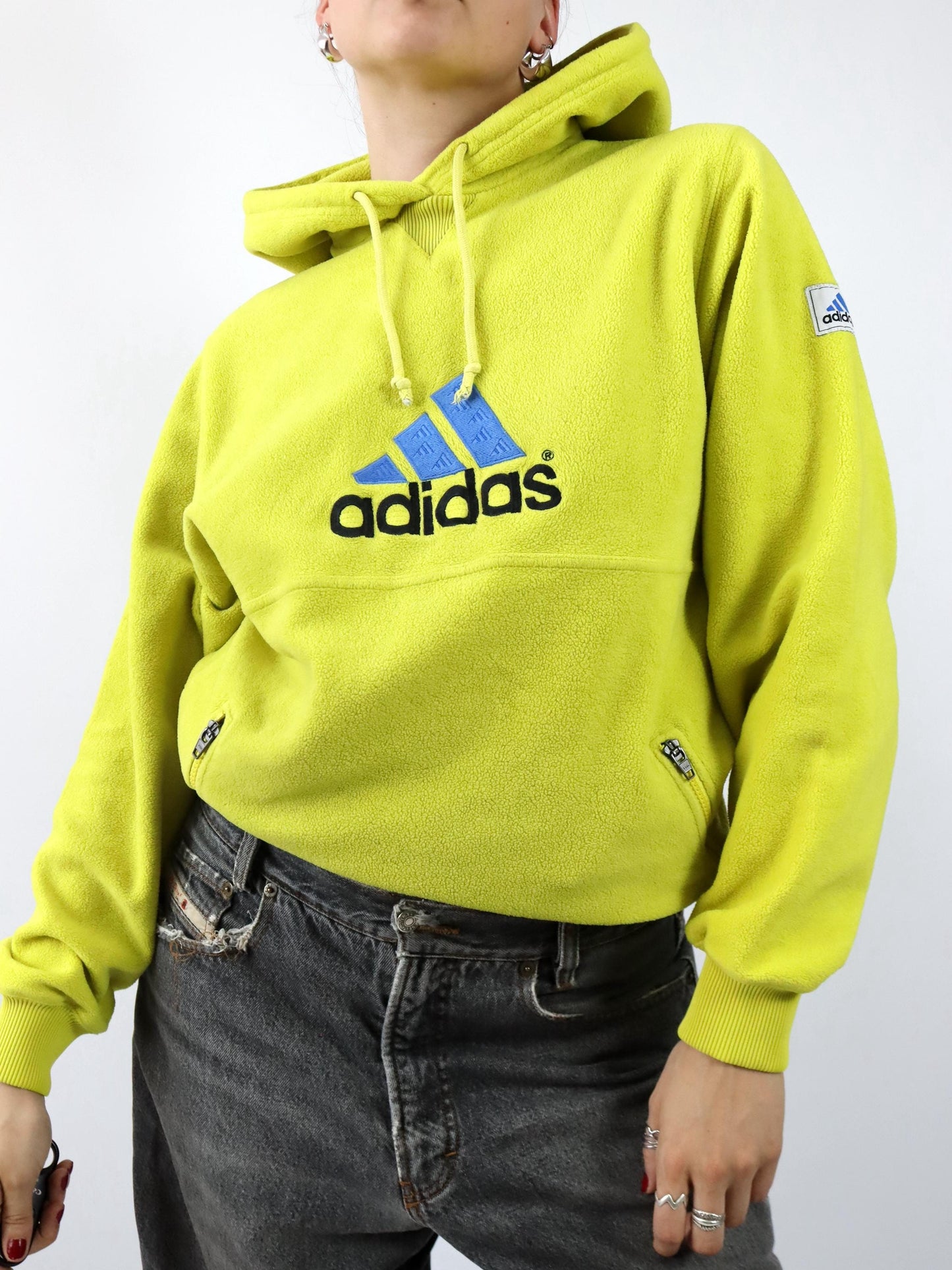 Vintage 80er 90er ADIDAS Fleecepullover Hoodie Fleece gelb Kapuze M
