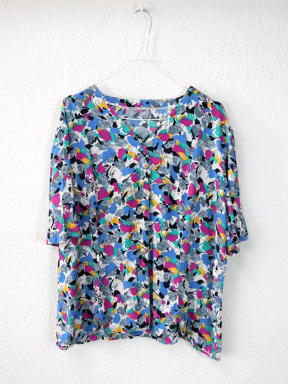 Vintage 80er 90er Bluse kurzarm crazy pattern bunt Viskose 54 XL