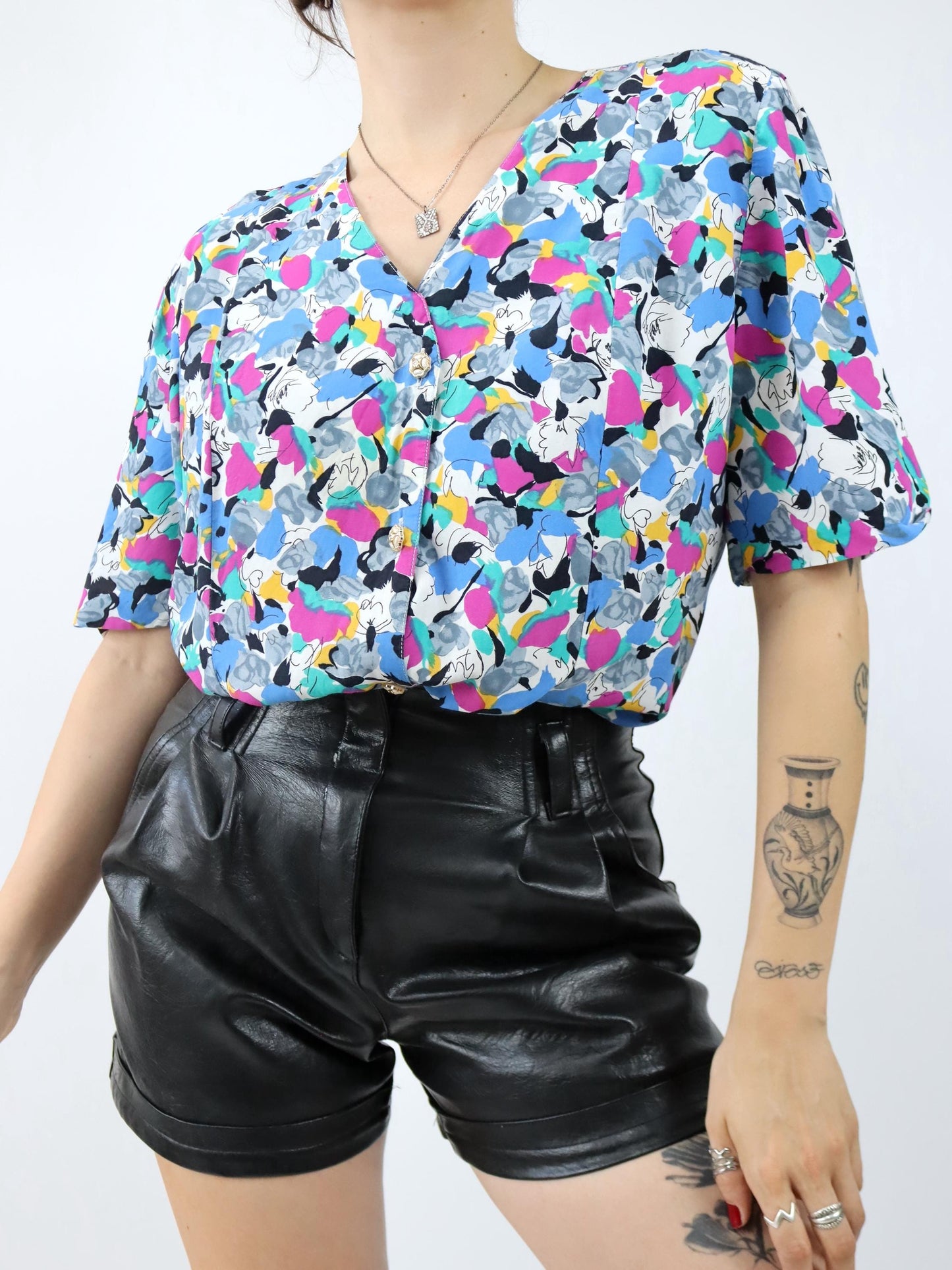 Vintage 80er 90er Bluse kurzarm crazy pattern bunt Viskose 54 XL