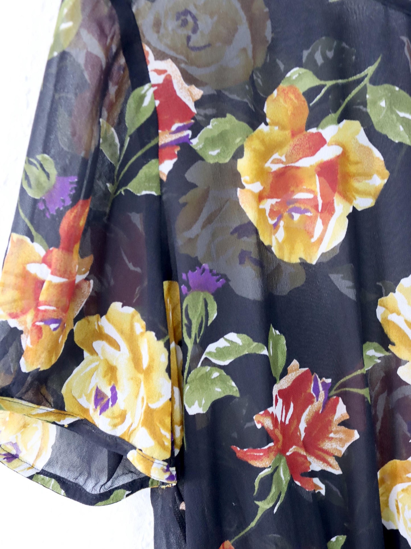Vintage 80er 90er PERLA Body Bluse kurzarm Blumen leicht transparent Seide  40