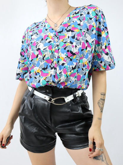 Vintage 80er 90er Bluse kurzarm crazy pattern bunt Viskose 54 XL