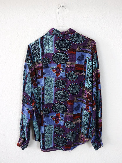 Vintage 80er 90er CV Bluse langarm crazy pattern Lila blau Viskose 42
