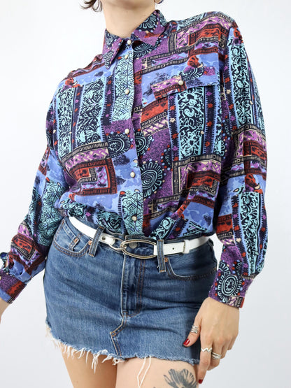 Vintage 80er 90er CV Bluse langarm crazy pattern Lila blau Viskose 42