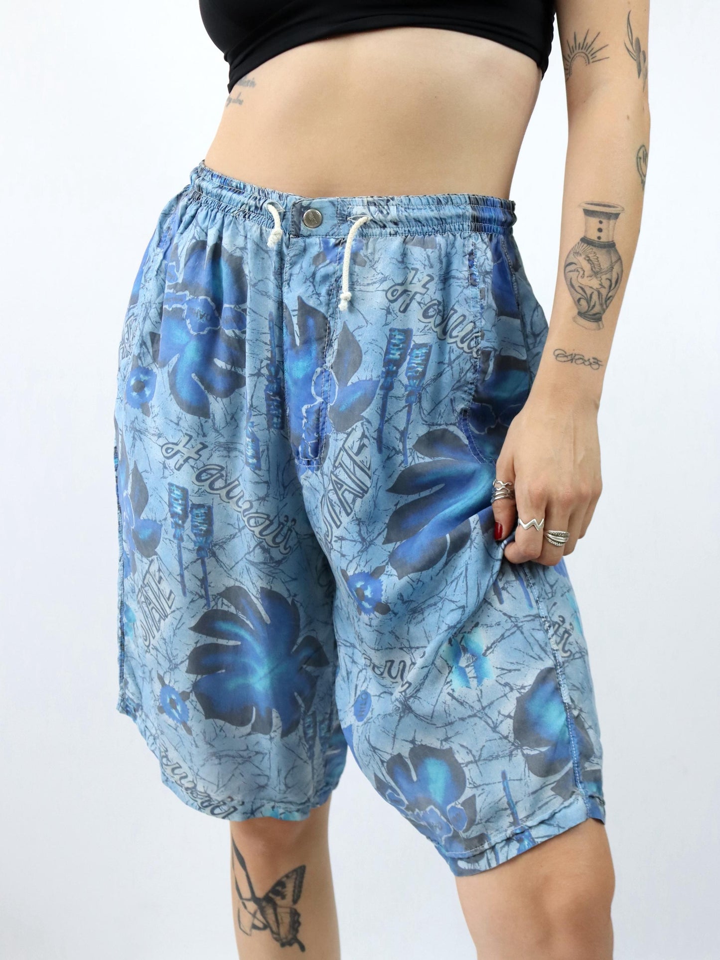 Vintage 80er 90er TAVERNITI Seidenshorts kurze Hose crazy pattern blau 40