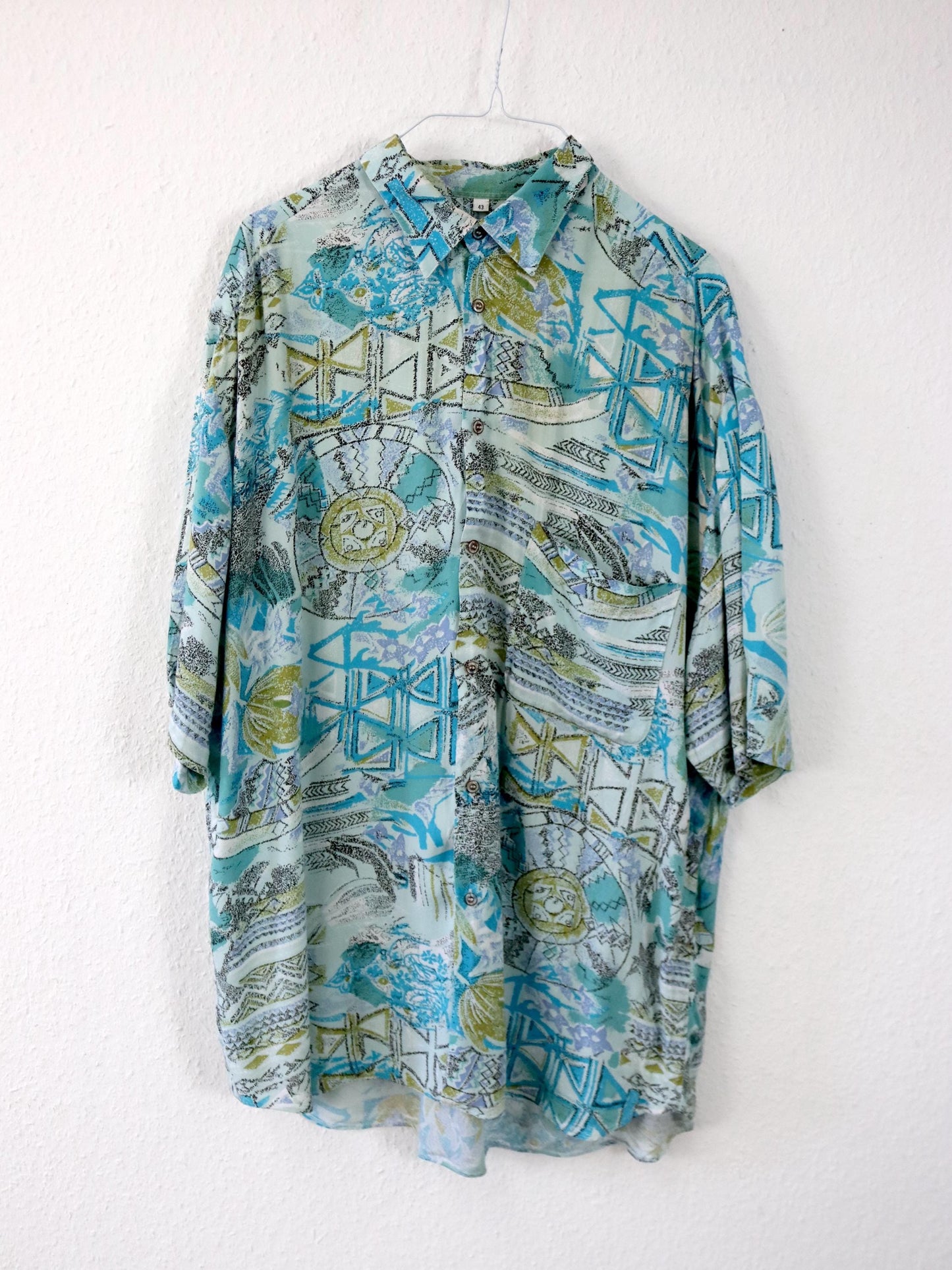 Vintage 80er 90er VIENNA Hemd kurzarm crazy pattern blau Viskose L