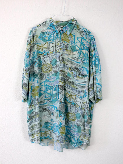 Vintage 80er 90er VIENNA Hemd kurzarm crazy pattern blau Viskose L