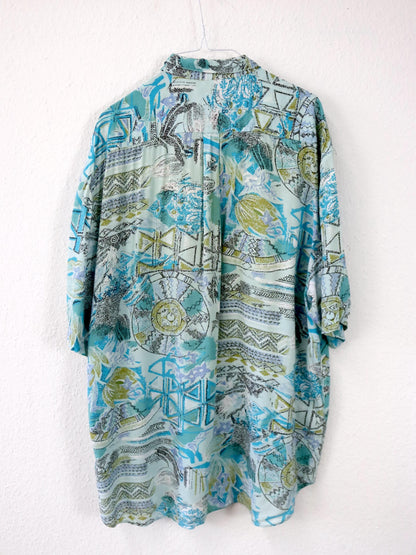 Vintage 80er 90er VIENNA Hemd kurzarm crazy pattern blau Viskose L