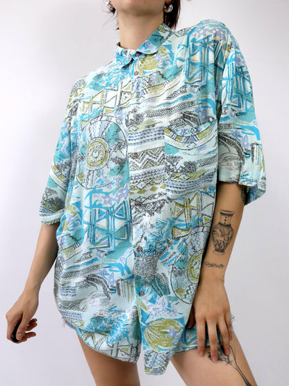 Vintage 80er 90er VIENNA Hemd kurzarm crazy pattern blau Viskose L