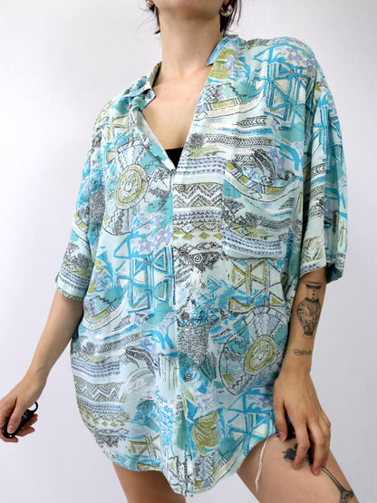 Vintage 80er 90er VIENNA Hemd kurzarm crazy pattern blau Viskose L