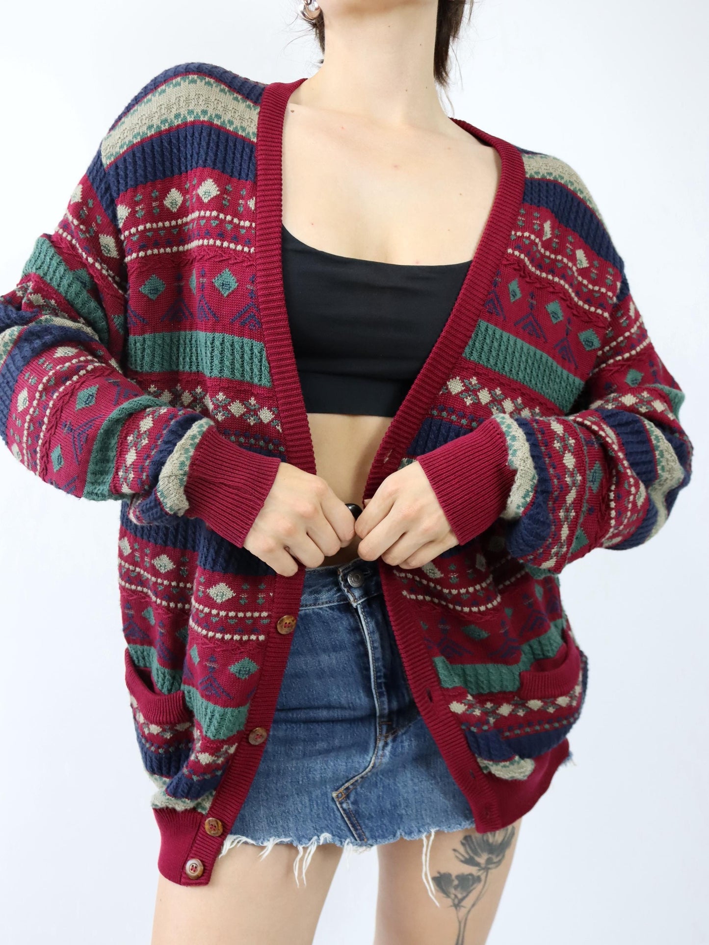 Vintage 80er 90er MARIO PIERALLI Cardigan gemustert Knopfleiste 54 XL