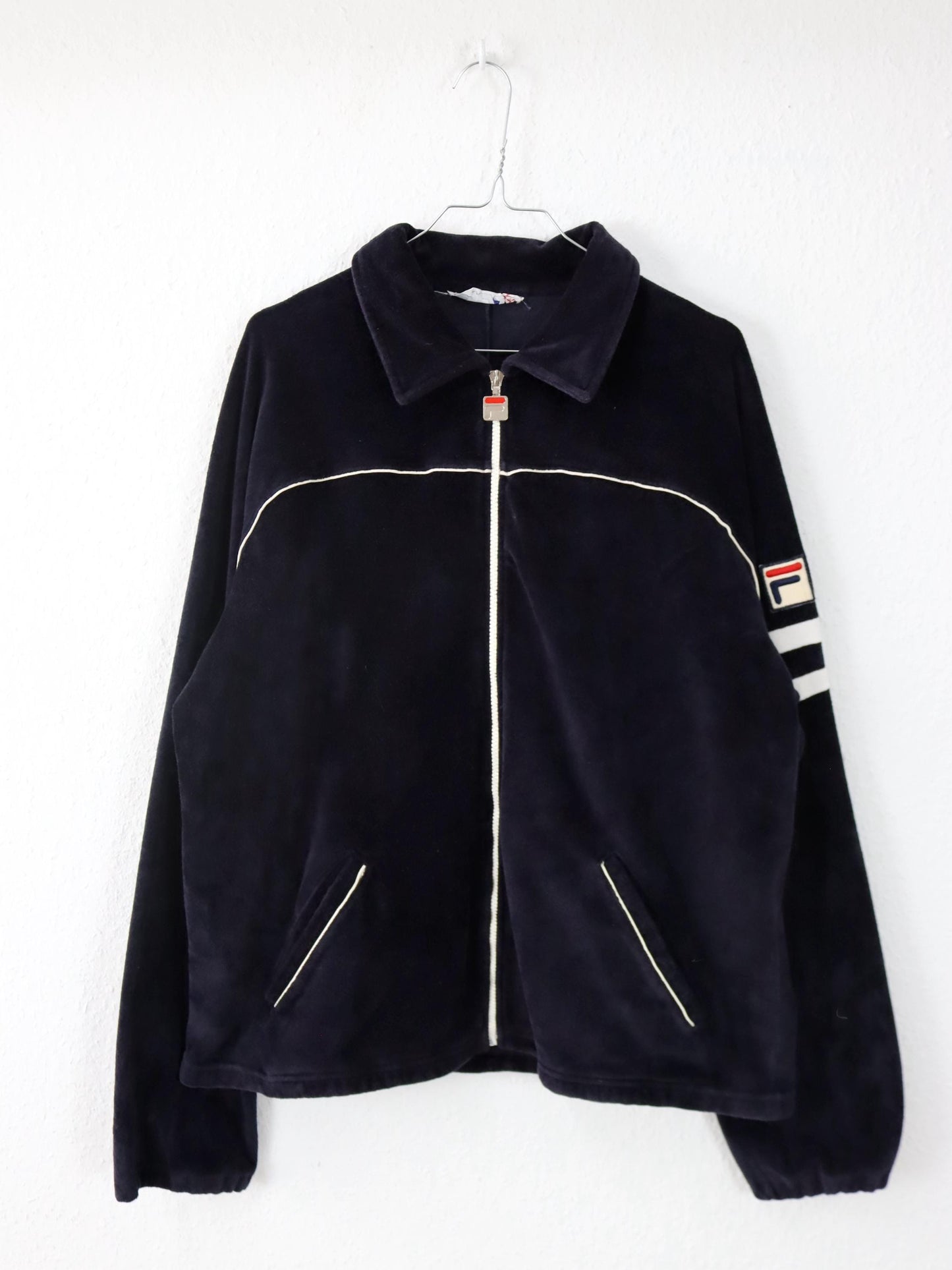 Vintage 80er 90er FILA Trainingsjacke Samt Velours Kragen dunkelblau 56 XXL