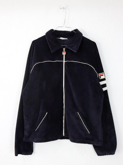 Vintage 80er 90er FILA Trainingsjacke Samt Velours Kragen dunkelblau 56 XXL