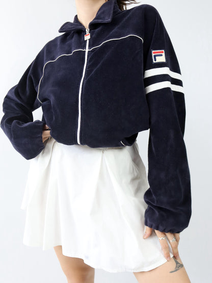 Vintage 80er 90er FILA Trainingsjacke Samt Velours Kragen dunkelblau 56 XXL