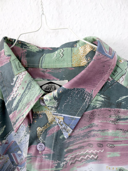 Vintage 80er 90er DAY-X Hemd kurzarm crazy pattern Crop bauchfrei Viskose L