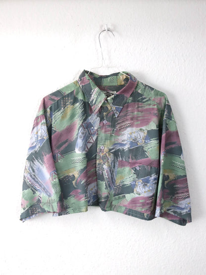 Vintage 80er 90er DAY-X Hemd kurzarm crazy pattern Crop bauchfrei Viskose L