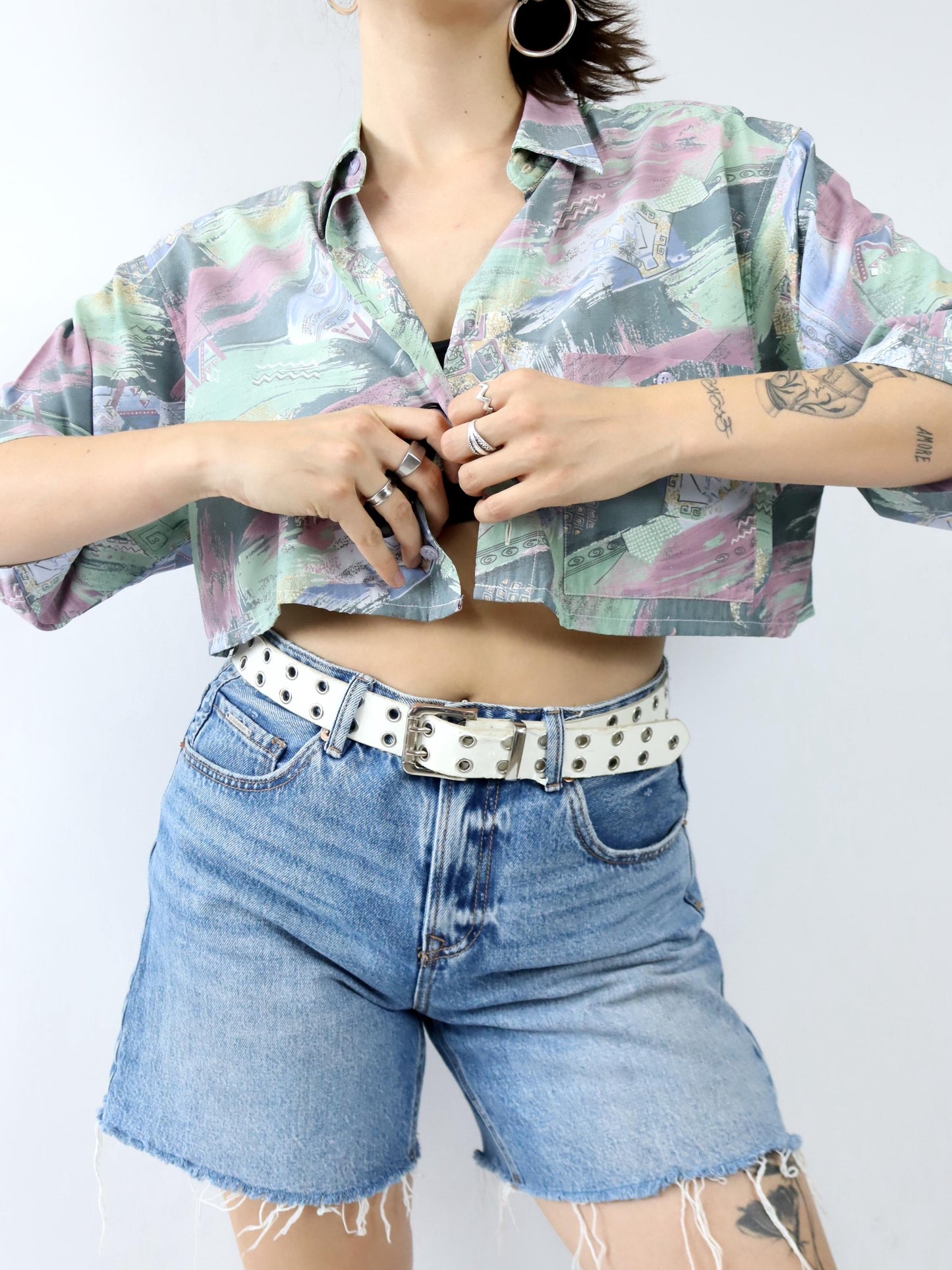 Vintage 80er 90er DAY-X Hemd kurzarm crazy pattern Crop bauchfrei Viskose L