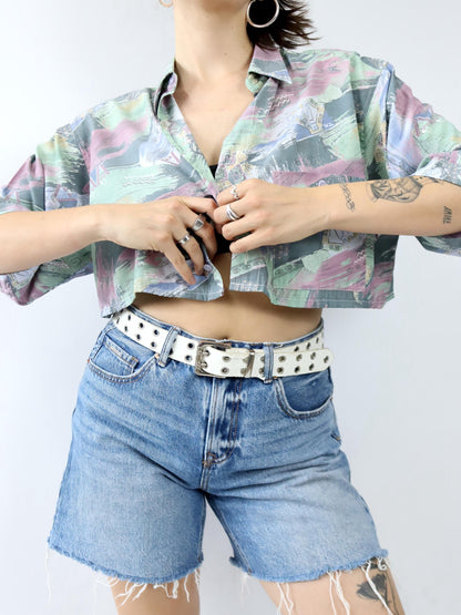 Vintage 80er 90er DAY-X Hemd kurzarm crazy pattern Crop bauchfrei Viskose L