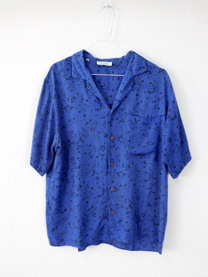 Vintage 80er 90er BENETTON Bluse Hemd kurzarm crazy pattern blau schwarz Viskose M