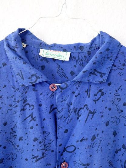 Vintage 80er 90er BENETTON Bluse Hemd kurzarm crazy pattern blau schwarz Viskose M