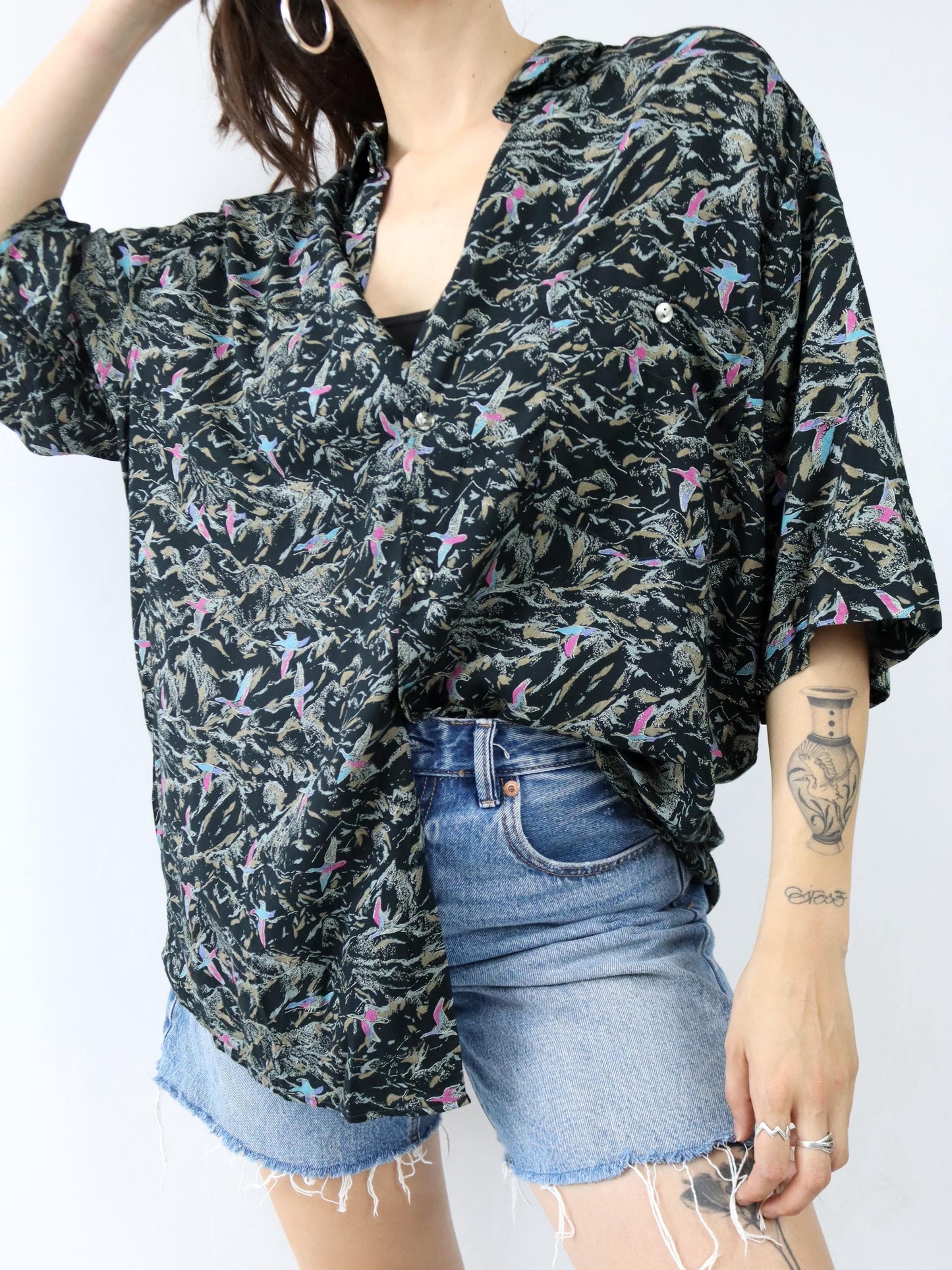 Vintage 80er 90er Hemd kurzarm crazy pattern gemustert Viskose XL
