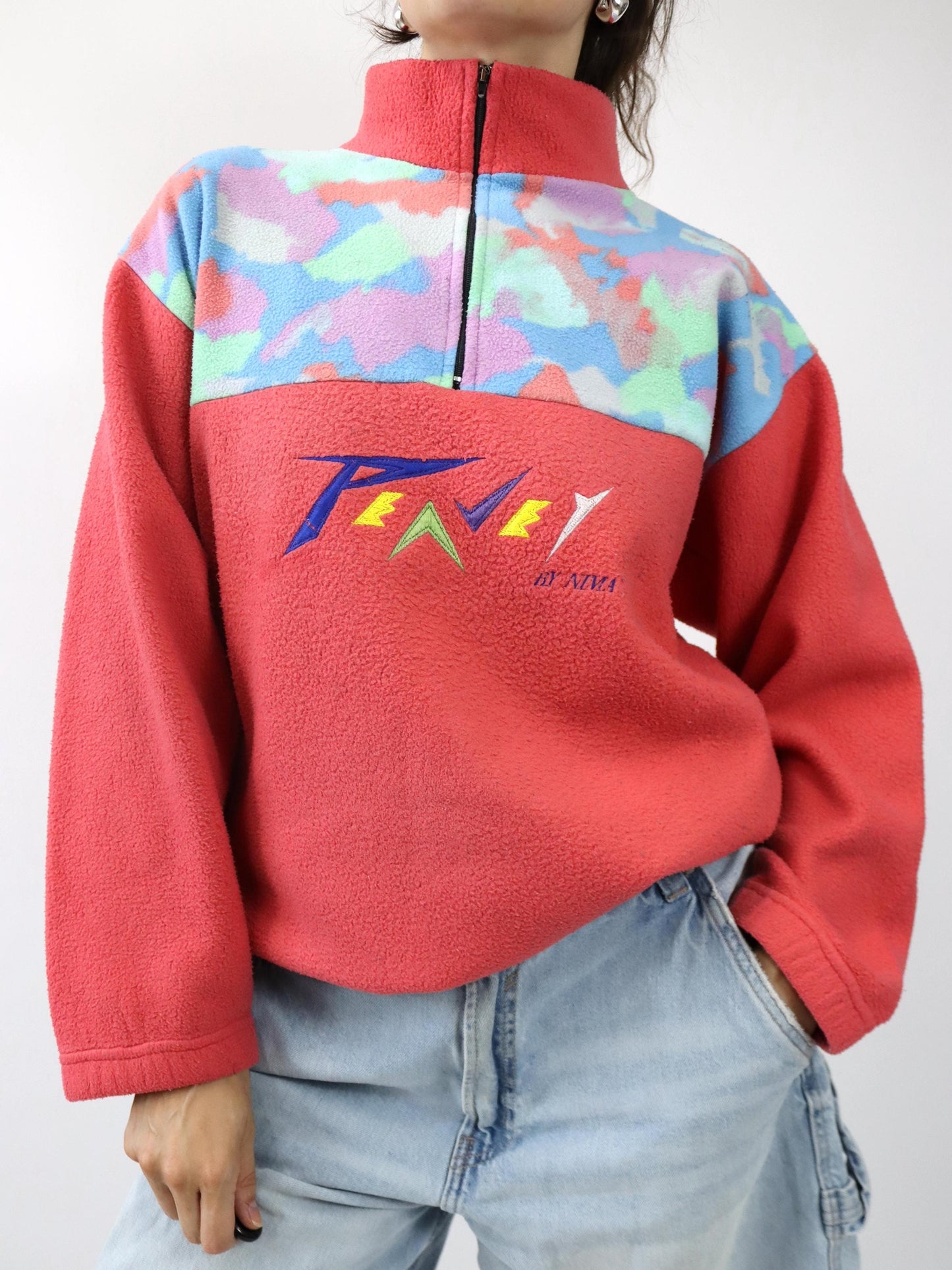 Vintage 80er 90er Fleecepullover Pullover Stehkragen bunt Aprikose M