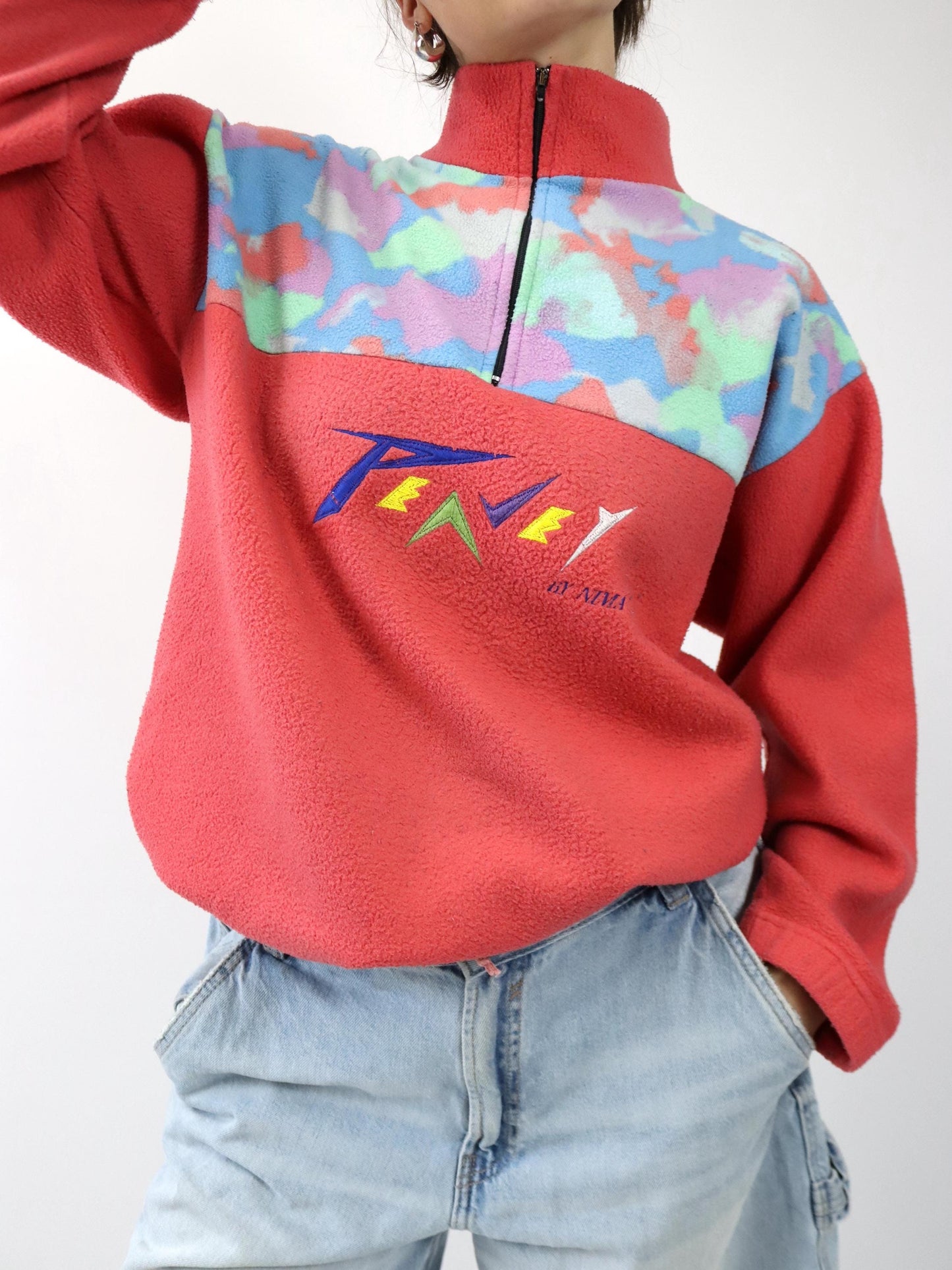 Vintage 80er 90er Fleecepullover Pullover Stehkragen bunt Aprikose M