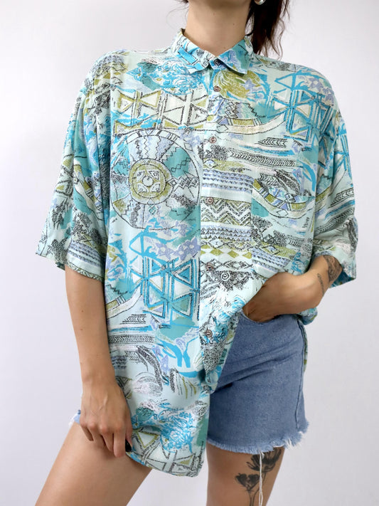 Vintage 80er 90er VIENNA Hemd kurzarm crazy pattern blau Viskose L