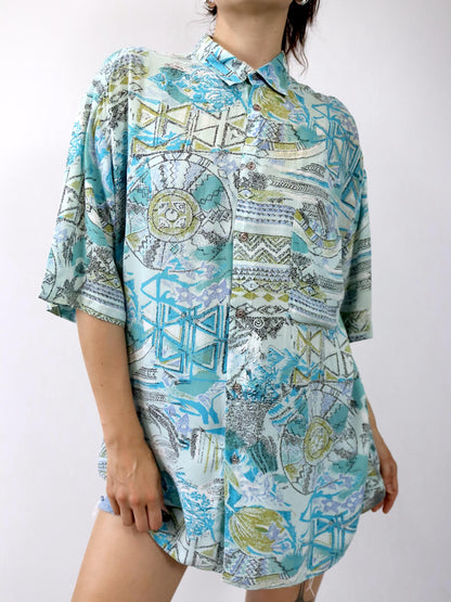 Vintage 80er 90er VIENNA Hemd kurzarm crazy pattern blau Viskose L