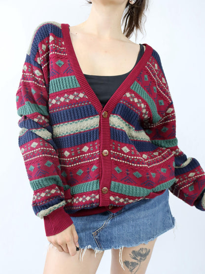 Vintage 80er 90er MARIO PIERALLI Cardigan gemustert Knopfleiste 54 XL