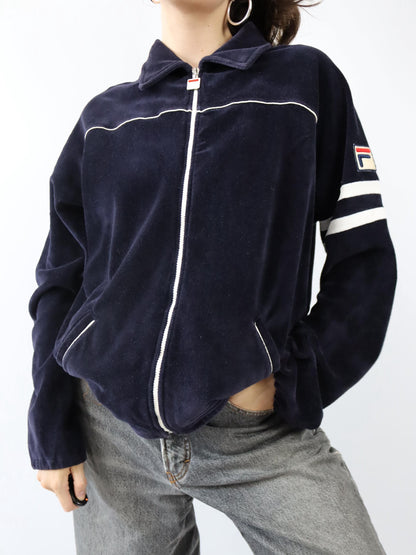 Vintage 80er 90er FILA Trainingsjacke Samt Velours Kragen dunkelblau 56 XXL