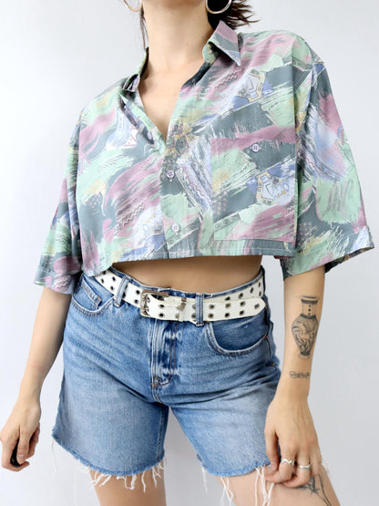 Vintage 80er 90er DAY-X Hemd kurzarm crazy pattern Crop bauchfrei Viskose L