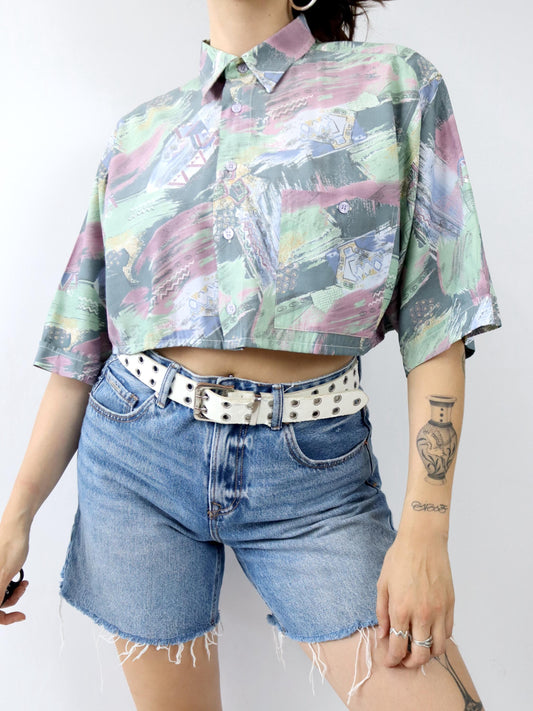 Vintage 80er 90er DAY-X Hemd kurzarm crazy pattern Crop bauchfrei Viskose L