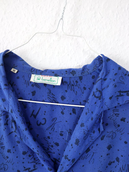Vintage 80er 90er BENETTON Bluse Hemd kurzarm crazy pattern blau schwarz Viskose M