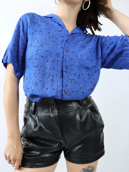 Vintage 80er 90er BENETTON Bluse Hemd kurzarm crazy pattern blau schwarz Viskose M