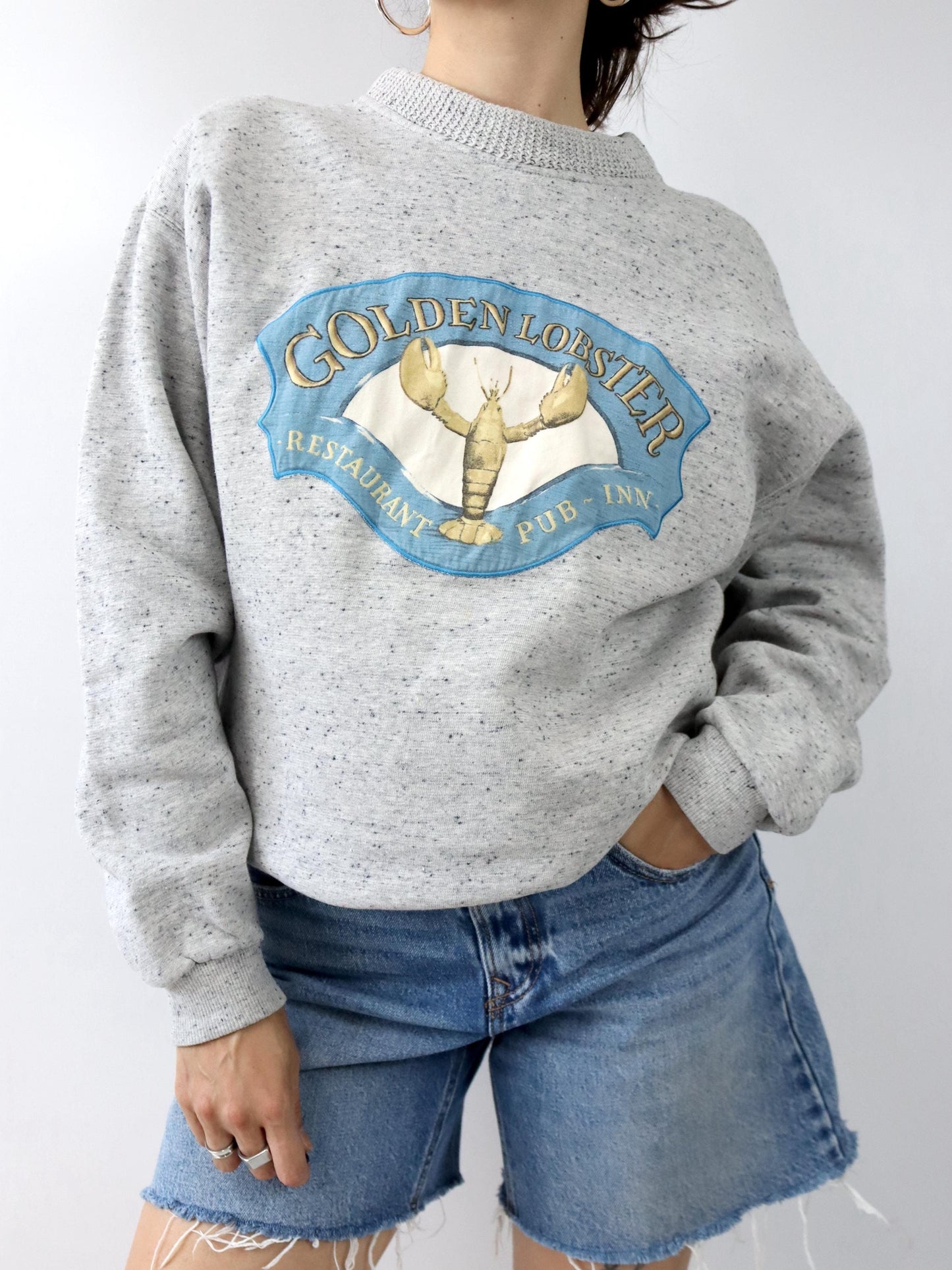 Vintage 80er 90er HIGHLANDS Sweatshirt Pullover graumeliert Lobster Patch L