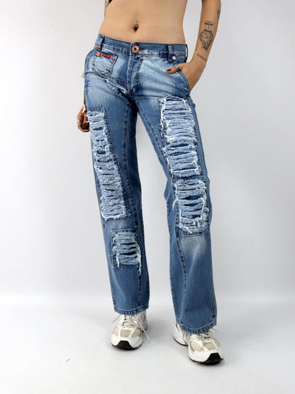 Vintage 00er Y2K Jeans Hose gerades Bein Baggy used look low waist deadstock W32 L32
