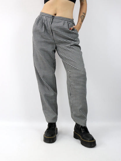 Vintage 80er 90er Bundfaltenhose Wolle Hose gerades Bein schwarz weiß kariert Hahnentritt 46 L