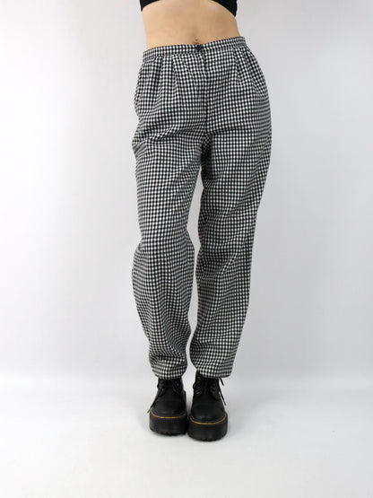 Vintage 80er 90er Bundfaltenhose Wolle Hose gerades Bein schwarz weiß kariert Hahnentritt 46 L