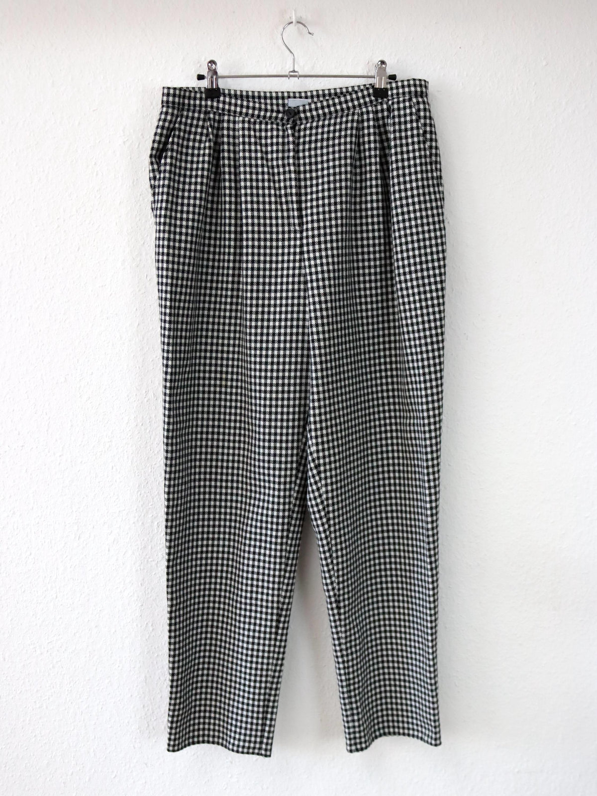 Vintage 80er 90er Bundfaltenhose Wolle Hose gerades Bein schwarz weiß kariert Hahnentritt 46 L