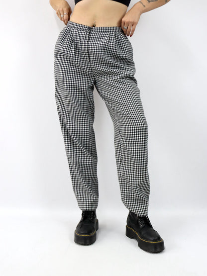Vintage 80er 90er Bundfaltenhose Wolle Hose gerades Bein schwarz weiß kariert Hahnentritt 46 L