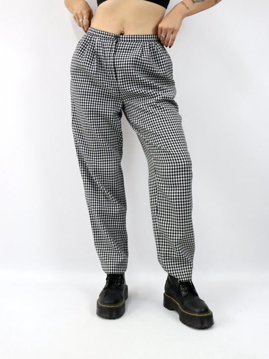 Vintage 80er 90er Bundfaltenhose Wolle Hose gerades Bein schwarz weiß kariert Hahnentritt 46 L