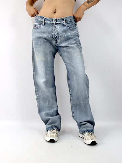 Vintage 90er 00er Y2K ENERGIE Baggy Pants Jeans hellblau grau weites Bein low waist W38