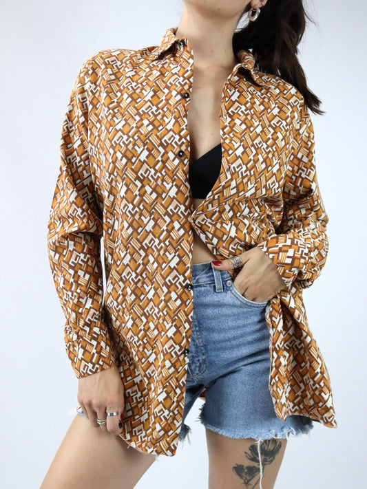Vintage 70er 80er PERMAFLOTT Hemd langarm crazy pattern orange weiß L